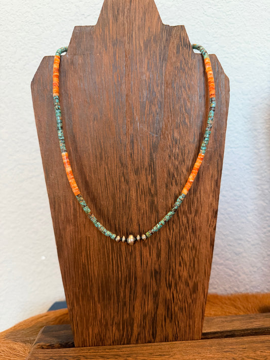 Turquoise & Orange Spiny Heishi Necklace